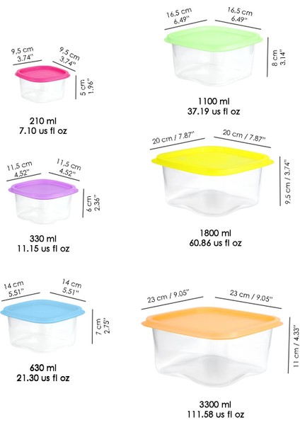 6'lı Renkli Kare Saklama Kabı Seti - Mikrodalga ve Derin Dondurucu Uyumlu