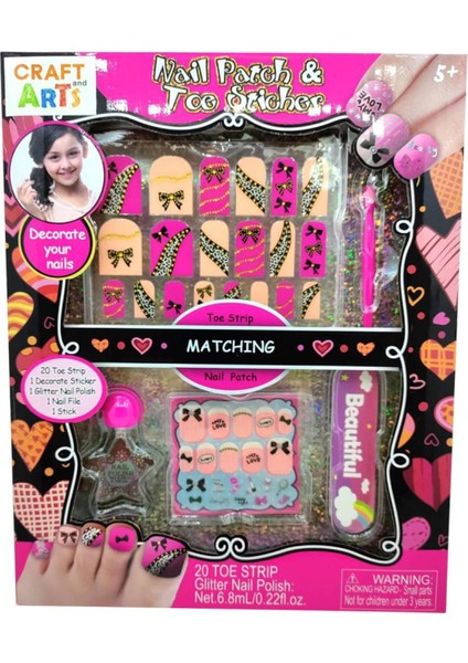 Tırnak Süsleme Seti – Nail Patch & Toe Sticker + Simli Oje (5+ Yaş)