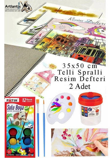 12 Renk Fatih Sulu Boya 35X50 cm Telli Spralli Resim Defteri Resim Paleti Resim Fırçası Temizleme Kabı Suluboya Okul