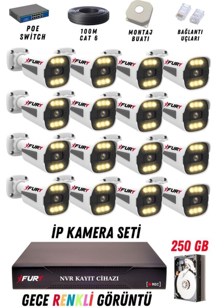 16 Kameralı Ip Güvenlik Kamerası Seti 4mp Gece Renkli Su Geçirmez 1506 250GB