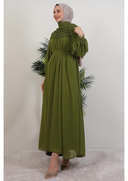 Gipe Detay Şifon Elbise Yağ Yeşil