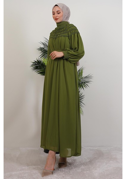 Gipe Detay Şifon Elbise Yağ Yeşil fiyatları