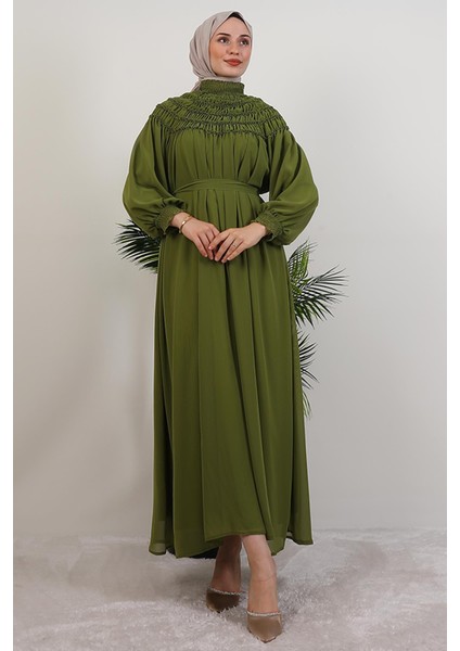 Gipe Detay Şifon Elbise Yağ Yeşil modelleri