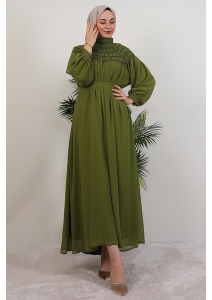 Gipe Detay Şifon Elbise Yağ Yeşil fırsatları