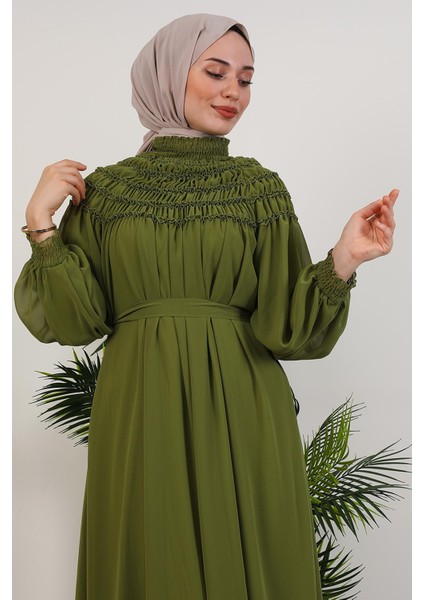 Gipe Detay Şifon Elbise Yağ Yeşil indirimleri