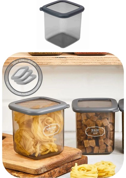 Gri Kare Saklama Kabı 800 Ml, Silikon Kapak, Hava Geçirmez, Makarna ve Bakliyat Kutusu