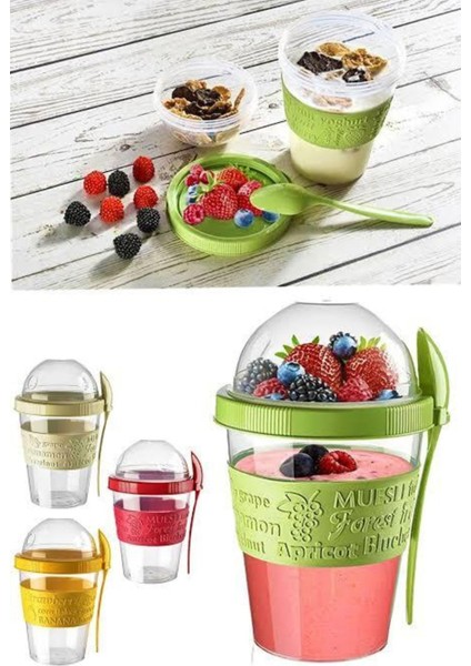 Renkli 600 ml Kapaklı Kaşıklı Meyveli Yoğurt Kabı, Pratik ve Şık Beslenme Kutusu