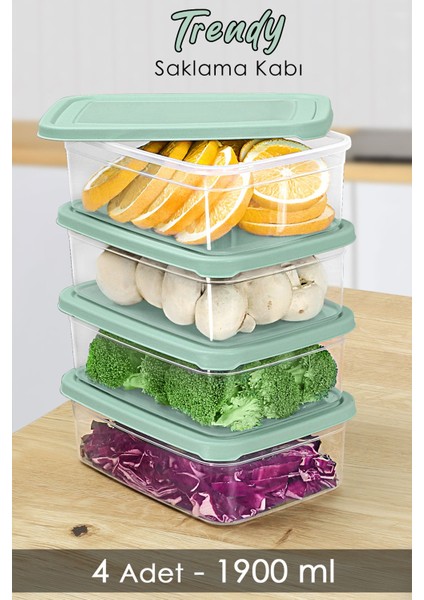 4'lü Yeşil Dikdörtgen Saklama Kabı, Mikrodalga ve Buzdolabı Uyumlu, 1900ML