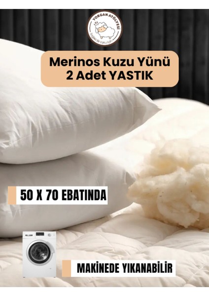 2'li Kuzu Yünü Yastık Seti 50X70 cm - %100 Doğal Yün, 1000 Gr, Nefes Alır, Terletmez, Konforlu Uyku