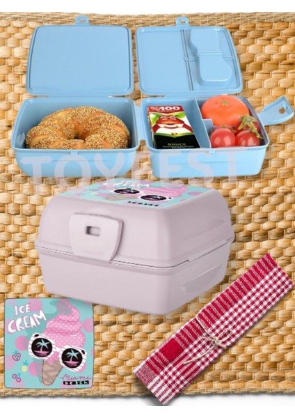 Iki Katlı Kapaklı Pembe Beslenme Çantası, Çatal ve Kaşıklı Saklama Kabı