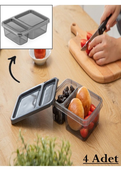 Gri 4’lü 2 Bölmeli Saklama Kabı, Beslenme ve Kahvaltı Düzeni Seti