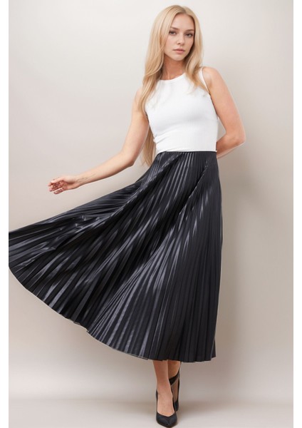 Deri Görünümlü Piliseli Uzun Kadın Şık Trend Tesettüre Uyumlu Etek indirimleri