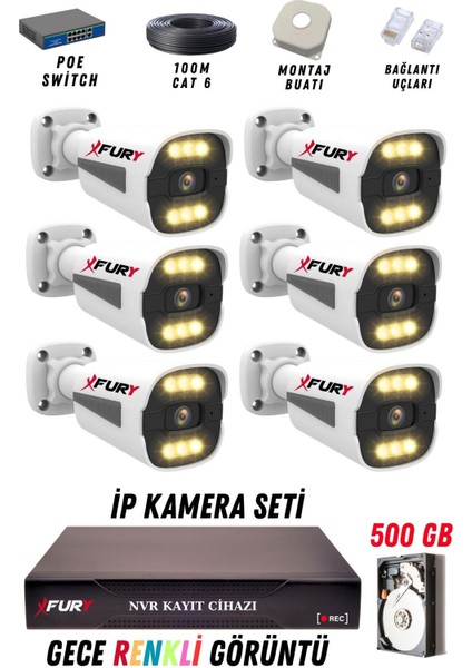 6 Kameralı Ip Güvenlik Kamerası Seti 4mp Gece Renkli Su Geçirmez 1506 500GB