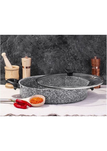 Gri 22 cm Ultra Granit Basık Tencere, Dayanıklı ve Şık Mutfak Gereci