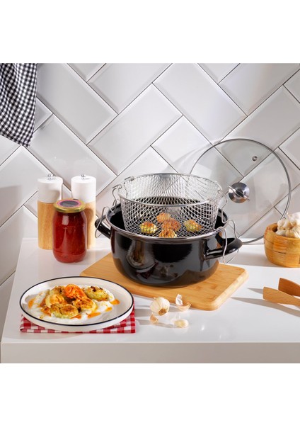 Çıtır Kızartma Tenceresi 22 Cm, 3 Parça, Siyah ve Beyaz Renkler