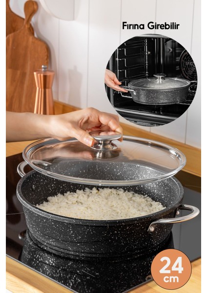 24 cm Döküm Granit Yanmaz Yapışmaz Küçük Pilav Tenceresi, Dayanıklı ve Şık Tasarım