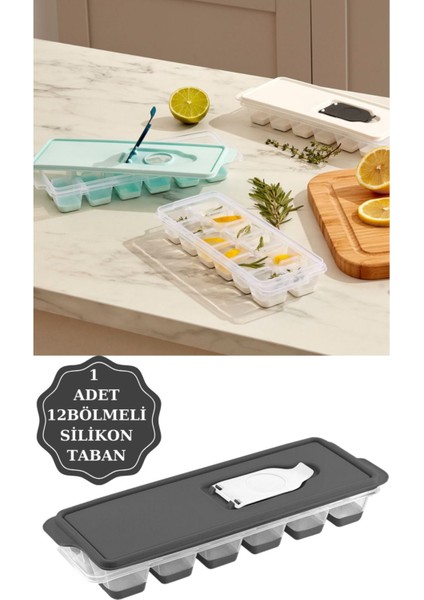 Gri 12 Bölmeli Kapaklı Slikon Tabanlı Pratik Buzluk