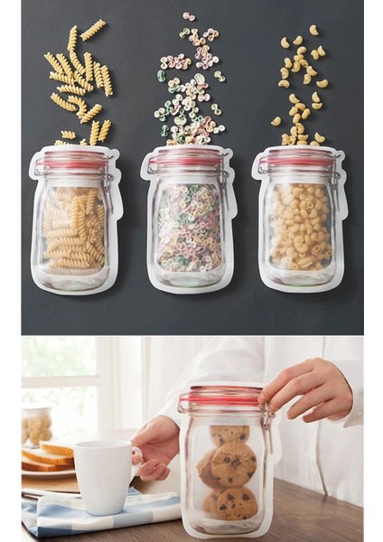 3'lü 1 Lt Kavanoz Görünümlü Kilitli Saklama Poşeti Seti, Beyaz Renk