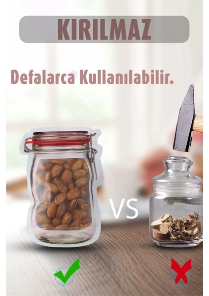 3'lü 1 Lt Kavanoz Görünümlü Kilitli Saklama Poşeti Seti, Beyaz Renk