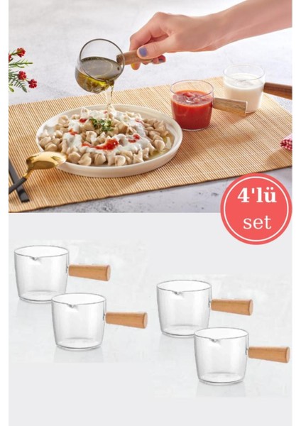 Ahşap Saplı 4’lü Mika Sosluk Takımı, Sunum ve Baharat Seti, Turuncu Renkli