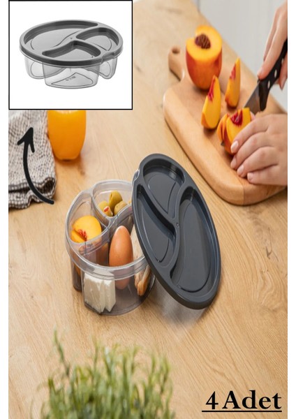 4’lü Oval Bölmeli Saklama Kabı Seti, Gri, Buzdolabı ve Kahvaltı Için Uygun