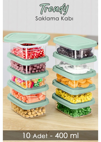 10 Adet Yeşil Dikdörtgen Saklama Kabı, Mikrodalga Uyumlu, 400ML, Düzenleyici Organizer