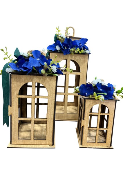 Mavi Çiçek Süslemeli 3'lü Ahşap Dekoratif Fener Seti(Büyük 18x10x10 cm Orta: 16x8x8 cm Küçük 12x7x7 cm)