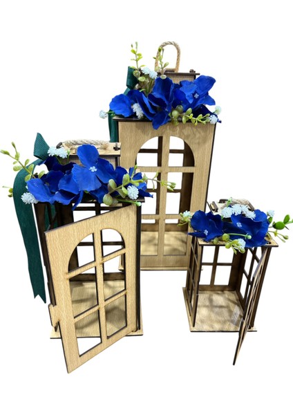 Mavi Çiçek Süslemeli 3'lü Ahşap Dekoratif Fener Seti(Büyük 18x10x10 cm Orta: 16x8x8 cm Küçük 12x7x7 cm) modelleri