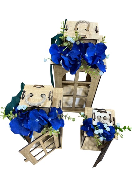 Mavi Çiçek Süslemeli 3'lü Ahşap Dekoratif Fener Seti(Büyük 18x10x10 cm Orta: 16x8x8 cm Küçük 12x7x7 cm) fırsatları
