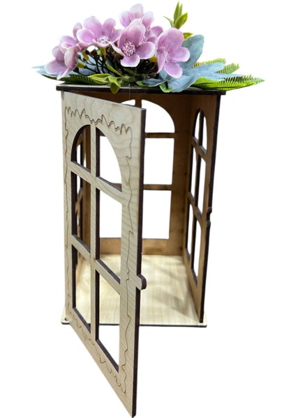 Lila Çiçek Süslemeli Ahşap Dekoratif Fener – Rustik ve Romantik Tasarım (10x10x18cm)