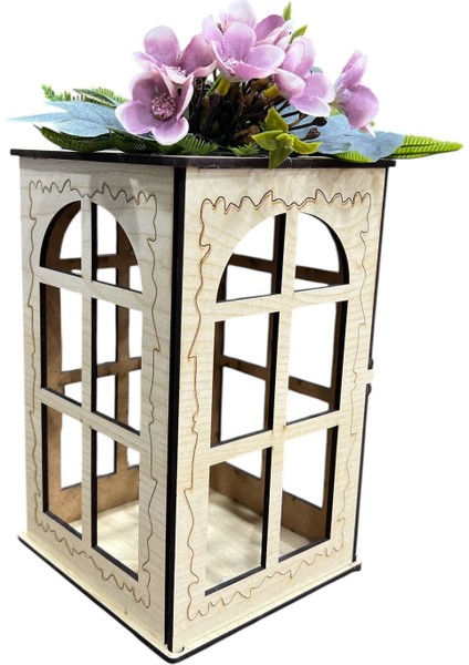 Lila Çiçek Süslemeli Ahşap Dekoratif Fener – Rustik ve Romantik Tasarım (10x10x18cm) fiyatları