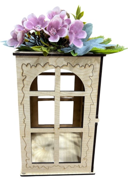 Lila Çiçek Süslemeli Ahşap Dekoratif Fener – Rustik ve Romantik Tasarım (10x10x18cm) modelleri