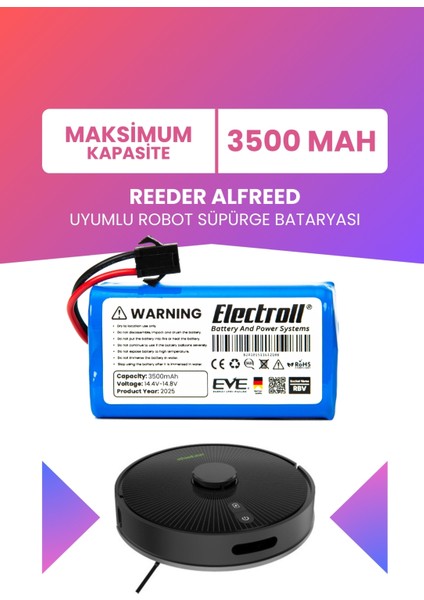 Reeder Alfreed Uyumlu Batarya (Maksimum Kapasite) 3500MAH Pil Robot Süpürge Batarya Değişimi