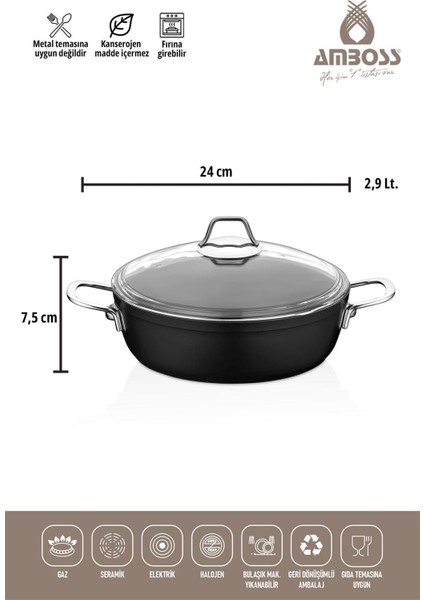 24 cm Siyah Basık Tencere, Cam Kapak, Yanmaz ve Yapışmaz Titanyum Kaplama fiyatları