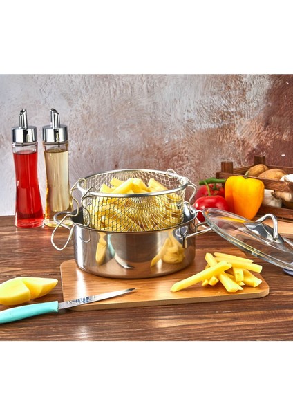 Derin 20CM Çelik Patates Kızartma Tenceresi, Kapaklı, Dayanıklı ve Şık Tasarım