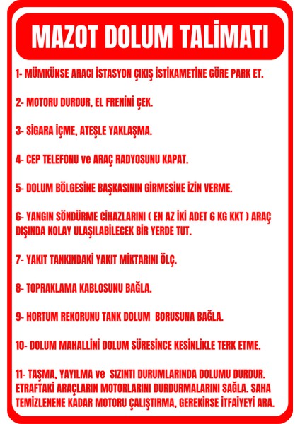 35 x 50 Mazot Dolum Talimatı Folyo Baskı Sticker Uyarı Levhası