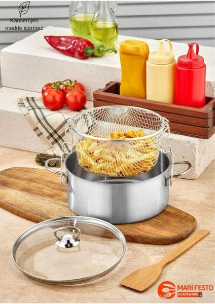 Çelik Kızartma Tencere Seti, Cam Kapak, 20X12 Cm, 3 Litre, 3 Parça, Gri Renk