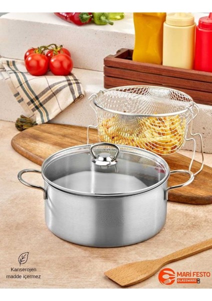 Çelik Kızartma Tencere Seti, Cam Kapak, 20X12 Cm, 3 Litre, 3 Parça, Gri Renk fiyatları