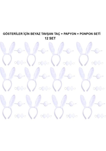 Beyaz Tavşan Kostüm Seti - Taç, Papyon, Kuyruk (12 Li Paket)