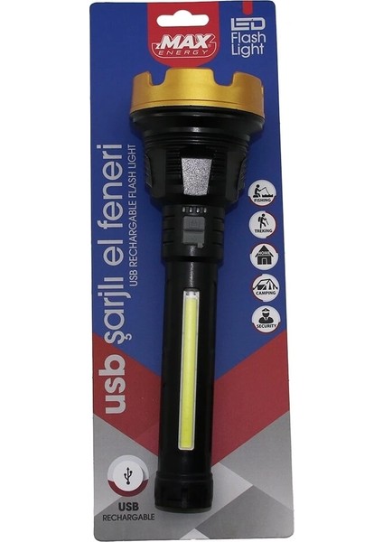 BÜYÜK=24CM 2in1= Osl LED - Cob LED USB Şarjlı El Feneri 3-Kademe Işık - Flaşör Şarj Gösterge (5047)