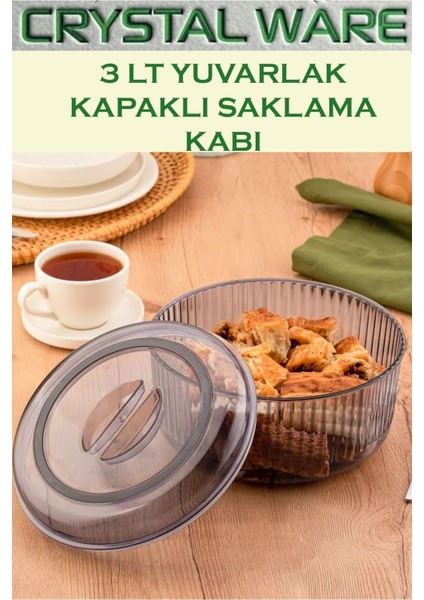 3 Lt Yuvarlak Kristal Saklama Kabı, Antrasit, Kapaklı, Şık ve Kullanışlı Tasarım