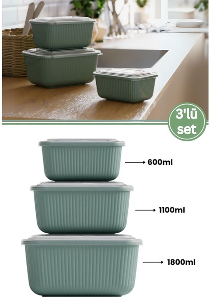 3'lü Saklama Kabı Seti, Buzdolabı Organizer, Yeşil, Şeffaf, 600ML-1800ML