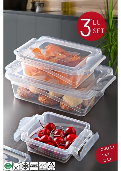 Şeffaf 3'lü Dikdörtgen Kilitli Saklama Kabı, 0,40/1/2 Lt, Turuncu Renk