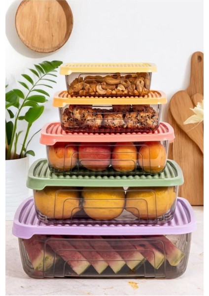 Renkli 5'li Dikdörtgen Saklama Kabı Seti, Pratik ve Şık Mutfak Düzeni Sağlar