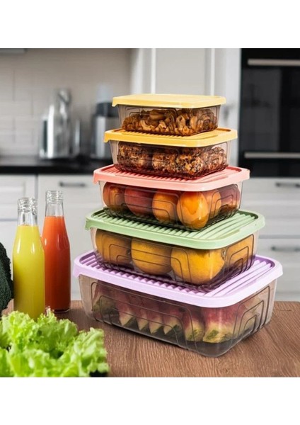 Renkli 5'li Dikdörtgen Saklama Kabı Seti, Pratik ve Şık Mutfak Düzeni Sağlar fiyatları