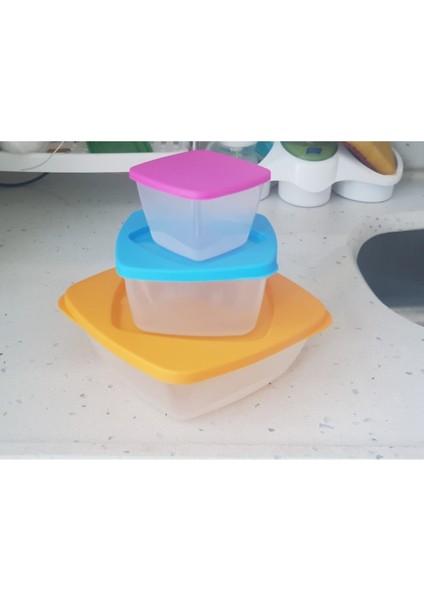 3 Parça Renkli Kare Saklama Kabı, Kapaklı, Iç Içe Geçen, Turuncu
