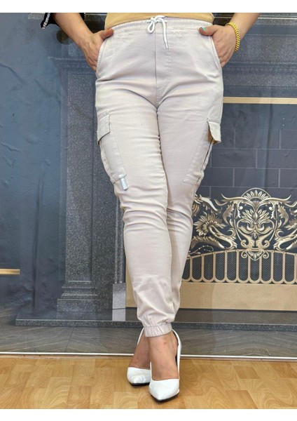 Pantolon,keten Kumaş,kargo,bağcıklı Bel,esnak,yüksek Bel,büyük Cepli,lastikli Paça,bej