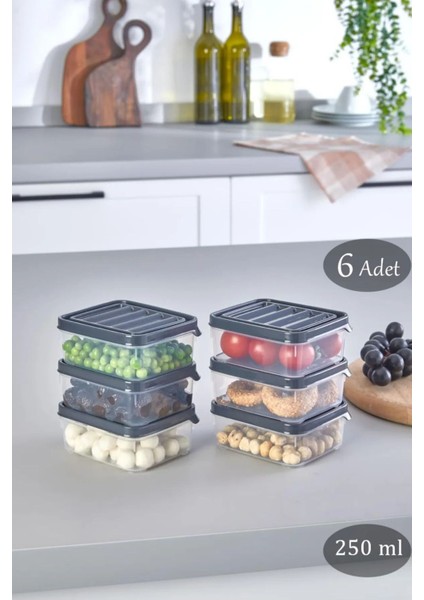 6 Adet 250 ml Sızdırmaz Buzluk Saklama Kabı, Gri, Dayanıklı ve Pratik Kullanım