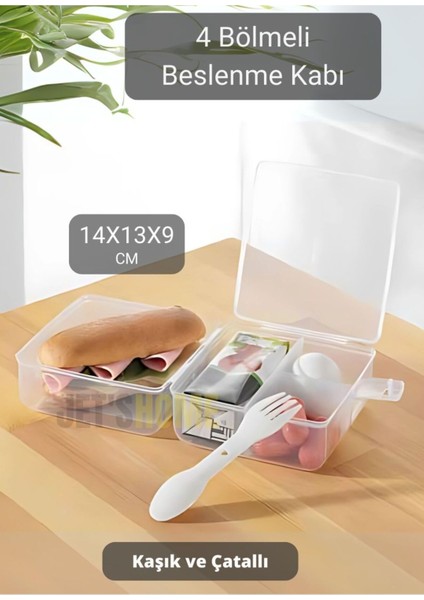 4 Bölmeli Bpa Free Beslenme Kutusu, Kare, 14X13X9 Cm, Beyaz