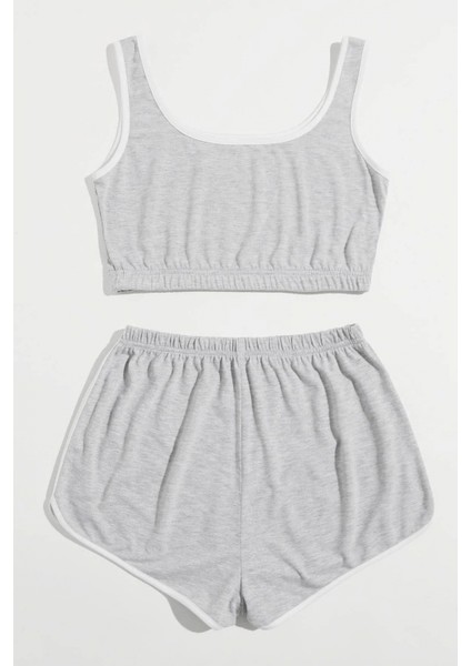 Marsilyan- Kadın Gri Askılı Crop Top ve Şortlu Gecelik Takım